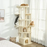 PawHut Arranhador Grande de 2 Metros para 2-3 Gatos, Postes para Arranhar, Tocas, Rede, Esconderijos, Design Multinível, Sisal, Madeira, Pelúcia, Bege(m-2)