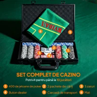SPORTNOW Set de Poker pentru 10 jucători cu 400 de jetoane, 2 seturi de cărți, 5 zaruri, covoraș și servietă gri(m-4)