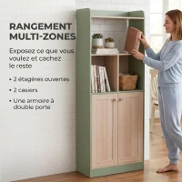 HOMCOM Bibliothèque à 5 niveaux, meuble de rangement, étagère à livres avec 2 portes, 60 x 30 x 161,2 cm vert et bois naturel(m-4)