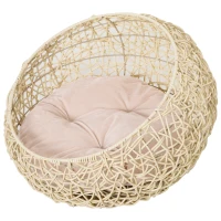 PawHut Cama de Rattan para Gatos Cama/Casa com Almofada Tenda para Animais de Estimação para Gatos e Cães Bege Ø56x35 cm(m-1)