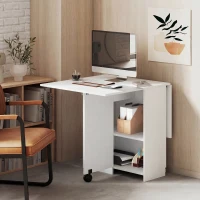 HOMCOM Mesa de Cocina Plegable con Ruedas Alas Abatibles Cajón y Estantes para 2-4 Personas 120x72x75 cm Blanco(m-8)