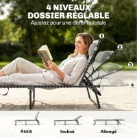Outsunny Lot de 2 bain de soleil transat pliable dossier inclinable multi-positions acier lacets élastiques textilène crème(m-4)
