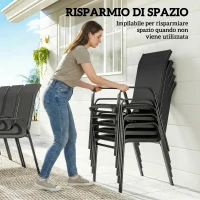 Outsunny Set da Esterno 9pz con 8 Sedie Impilabili in Texteline e Tavolino da Caffè con Piano in Vetro, Nero(m-4)