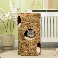 PawHut Toca para gatos com 3 níveis, 3 entradas, design boho, incl. almofada, 40 cm x 40 cm x 73 cm, Marrom claro + Creme(m-2)