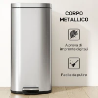 HOMCOM Bidone Immondizia a Pedale da 30L con Secchio Rimovibile, in Metallo e PP, 29x36x59.5 cm, Argento(m-7)