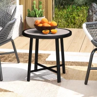 Outsunny Round Small Garden Table, 50.5cm Outdoor Side Table with SPC Tabletop, Metal Frame and Anti-slip Foot Pads for Garden, Balcony, Grey Wood Effect(m-10)