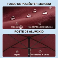 Outsunny Sombrilla de Terraza de Aluminio 2x1,3x2,5 m Parasol de Jardín Rectangular con Función de Inclinación Rojo Vino(m-4)