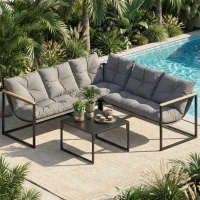 Outsunny Conjunto de Jardín Exterior con Cojines Gruesos 2 Sofás de 2 Plazas Sofá de Esquina y Mesa de Centro de Vidrio Gris(m-10)