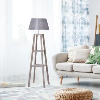 HOMCOM Lampă de podea din lemn cu 3 rafturi și abajur din material textil, 45x45x148cm, gri(m-10)