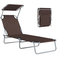 Outsunny Folding Sun Lounger with Canopy, Reclining Sunbed with 4-Position Adjustable Backrest, 600D Oxford Cloth, Portable Garden Lounger Recliner Chair for Beach, Camping, Patio, Brown(m-1)