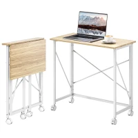 HOMCOM Klappbarer Schreibtisch mit Rädern, platzsparend, Stahl, MDF, Natur(m-11)