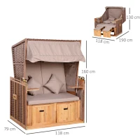 Outsunny Corbeille de plage 2 places - Cabine chaise de plage inclinable - abri plage strandkorb - coussins, repose-pieds, tablettes, pare-soleil - bois résine tressée polyester taupe(m-3)