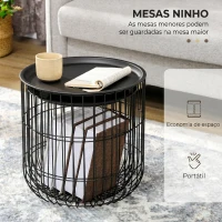 HOMCOM Set 2 măsuțe de living rotunde suprapozabile din oțel cu spațiu de depozitare, negru(m-4)