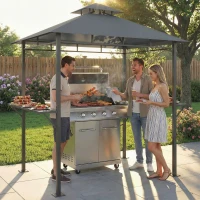 Outsunny Grillpavillon 2,4 x 1,4 m, Windfest Grillüberdachung mit Doppeldach Lüftungsöffnung Seitenregalen(m-2)