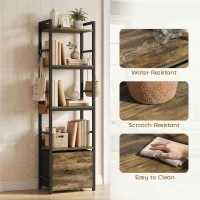 HOMCOM 4-Tier Bookshelf, Narrow Bookcase with Drawer, 8 Hooks, Metal Frame, Rustic Brown(m-7)