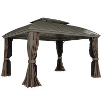 Outsunny 3.65 x 3(m) Hardtop Steel Gazebo Canopy with Aluminium Frame, Double Roof, Net Sidewalls and Curtains, Coffee(m-1)