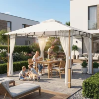 Outsunny Carpa para Jardín con Techo Doble Cenador con Paredes de Malla UPF50+ para Exterior Terraza 360x300x275 cm Crema y Teca(m-9)