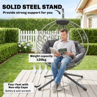 Outsunny PE Rattan Swing Chair, Outdoor Hanging Chair with Metal Stand, Thick Padded Cushion, Foldable Basket and Cup Holder, for Indoor and Outdoor, Grey(m-4)