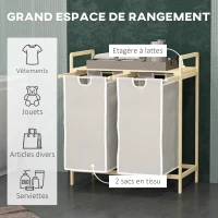 HOMCOM Panier à linge en bambou 2 paniers amovibles et coulissants en non-tissé 63,5 x 33 x 73 cm crème(m-4)