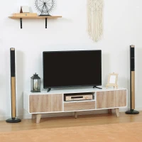 HOMCOM Meuble TV Bas sur Pied Style scandinave 2 Portes Niche tiroir MDF Blanc Aspect chêne Clair(m-10)