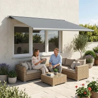 Outsunny 4x3m Full Cassette Electric/Manual Retractable Awning with LED Light and Remote Controller, Sun Canopies for Patio Door Window, Grey(m-8)