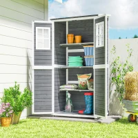 Outsunny Abrigo de armazenamento para jardim, abrigo de ferramentas com 2 janelas, estacas para base, telhado em betume, 91 x 69 x 192 cm, madeira de pinho, Cinzento claro(m-6)