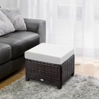 Outsunny Rattan Footstool Wicker Ottoman with Padded Seat Cushion Outdoor Patio Furniture for Garden Poolside Living Room, 50 x 50 x 35 cm, Brown(m-2)