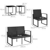 Outsunny Set da Giardino con 2 Sedie, Divanetto e 2 Tavolini con Cuscini e Piano in Vetro, Nero(m-3)