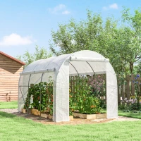 Outsunny Serre de jardin 6 m² dim. 3 x 2 m avec 1 porte + 2 parois latérales zippées enroulables, 6 fenêtres, Blanc(m-9)