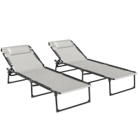 Outsunny Lot de 2 bain de soleil transat pliable dossier inclinable multi-positions acier lacets élastiques textilène crème(m-1)