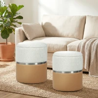 HOMCOM Nesting Round Ottoman with Storage Set of 2 - Cream/Brown(m-10)
