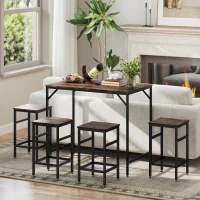 HOMCOM Mesa Alta de Cocina con 4 Taburetes Industrial Reposapiés Ahorro de Espacio para Espacios Reducidos Marrón Rústico(m-8)