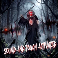 HOMCOM 170cm Life Size Animated Grim Reaper Halloween Decoration, Scary Halloween Animatronics Decor with Sound Touch Activated(m-5)