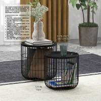 HOMCOM Set 2 măsuțe de living rotunde suprapozabile din oțel cu spațiu de depozitare, negru(m-7)
