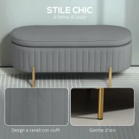 HOMCOM Panca Contenitore Ovale da 72L con Coperchio Sollevabile, in Tessuto Vellutato e Legno, 108x44x43.5 cm, Grigio(m-5)