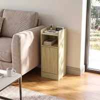 HOMCOM Slim Bedside Table Set of 2 with Charging Station, Narrow Bedside Cabinet with Adjustable Shelf, Oak(m-9)