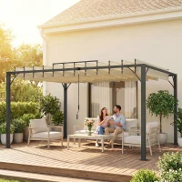 Outsunny Pérgola de Jardín 3x4 m con Protección UPF30+ Gazebo con Techo Ajustable Estructura de Aluminio para Exterior Crema(m-7)