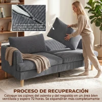 HOMCOM Sofá de 3 Plazas Tapizado en Pana Acolchado Grueso de Muelles Asiento Ancho 2 Almohadas 188x80x86 cm Gris Oscuro(m-7)