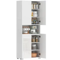 HOMCOM Buffet haut cuisine, armoire de cuisine, 4 portes à fermeture douce et étagères réglables, 68x34x180cm, blanc brillant(m-12)