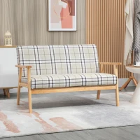 HOMCOM Compact Loveseat Couch Double Seat Sofa with Lattice Pattern and Rubber Wood Frame Beige and Coffee(m-2)