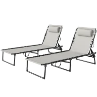 Outsunny Lot de 2 bain de soleil transat pliable dossier inclinable multi-positions acier lacets élastiques textilène crème(m-12)
