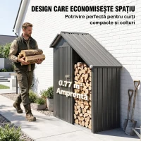 Outsunny Șopron Exterior pentru Lemne cu Dulap pentru Unelte, 0,77 m², 150x66x162 cm, Din Oțel Galvanizat, Gri Închis(m-6)