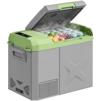 Outsunny 24,2 Liter Camping-Kühlschrank, Autokühlschrank, Kühlbox mit LED-Licht, AC- und DC-Adapter, leiser Betrieb, Grau+Grün(m-12)