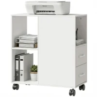 HOMCOM Mueble para Impresora con Ruedas 2 Cajones Estante Ajustable 3 Compartimentos Abiertos para Documentos Tamaño A4 Blanco(m-7)