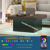HOMCOM Table basse carrée avec éclairage LED 16 couleurs, table de salon moderne, 90 x 90 x 45 cm, noyer(m-4)
