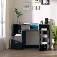 HOMCOM Secretária para computador com 2 gavetas, secretária com arrumação, 137 x 55 x 92 cm, prateleiras abertas e bandeja para impressora, estilo moderno, mesa para computador para quarto, estúdio, preto(m-2)
