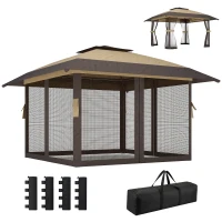Outsunny Gazebo Pieghevole 4x4 m con 4 Zanzariere Laterali, Doppio Tetto e Sacchi di Sabbia, Cachi e Marrone(m-11)