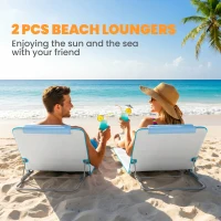 Outsunny Set of 2 Foldable Garden Beach Chair Mat, Lightweight Outdoor Sun Lounger Seats with Adjustable Back, Metal Frame, PE Fabric Head Pillow and Carry Bag, Cream White(m-4)