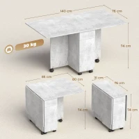 HOMCOM Masă de Bucătărie Pliabilă pe Roți cu 2 Sertare, 2 Uși și Dulap, din Lemn, 140x76x74 cm, Gri Ciment(m-3)
