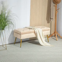 HOMCOM Banco com Arrumação em Visual Aveludado Pufe Estofado com Design Capitonê Estrutura Metálica 102x35x43 cm Bege(m-6)